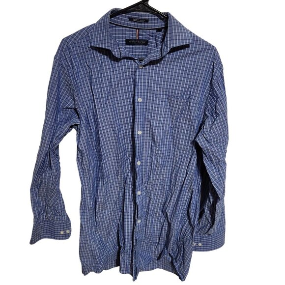 Tommy Hilfiger Button Front Shirt Mens Size Medium Blue Plaid Long Sleeve - Picture 1 of 4